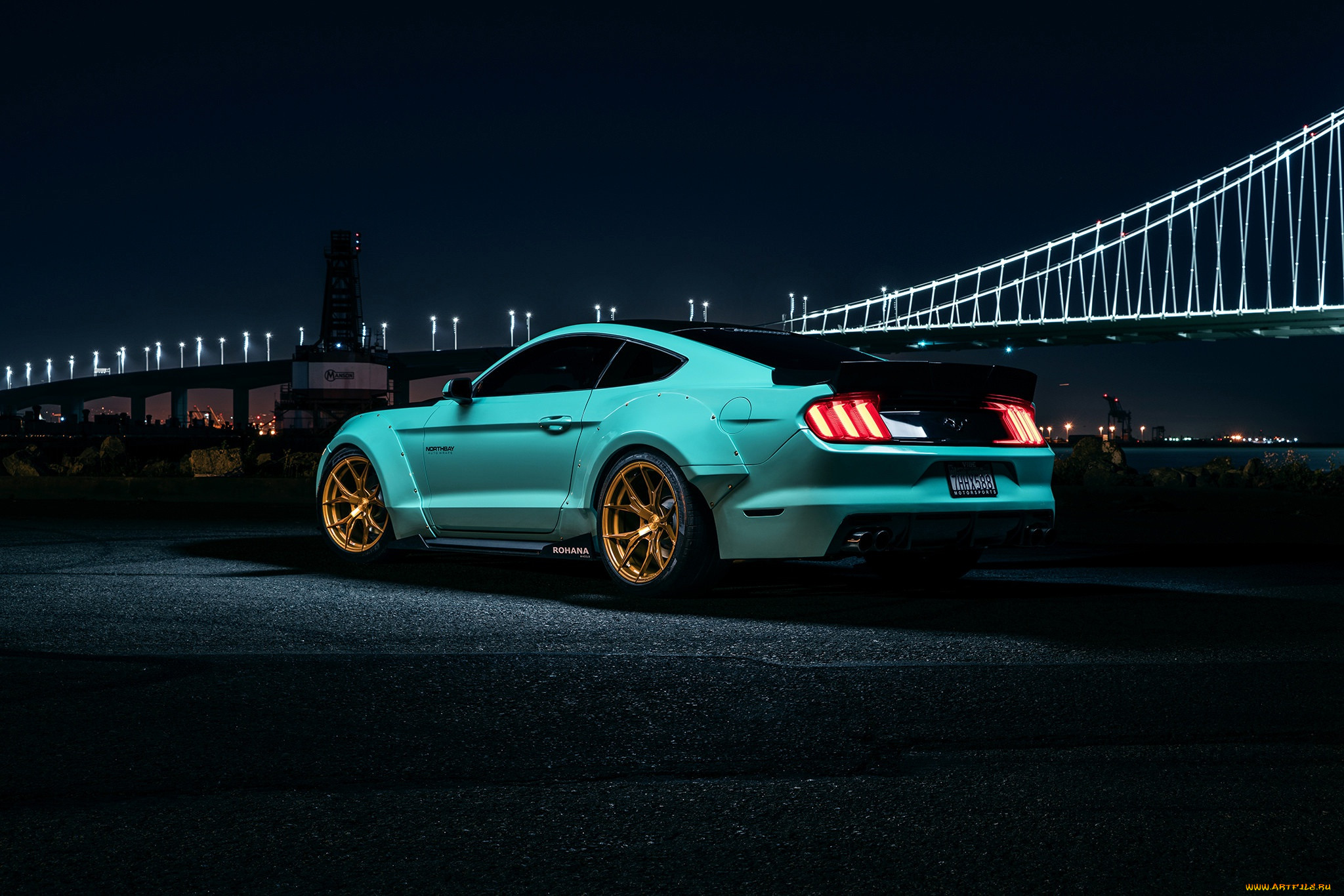 , mustang, ford, muscle, car, night, wheels, rear, bule, rohana